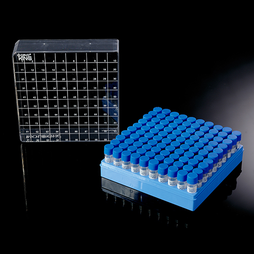 1.5ml冻存管（带蓝色管盖）＋2英寸冻存盒（蓝色，133*133*53mm；盒子带条码+直读码），伽马射线灭菌，无RNase、无DNase、无内毒素和外源DNA，三码合一管，100格冻存管，6套/盒，2盒/箱